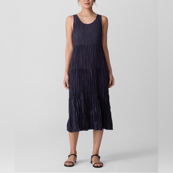 Eileen Fisher Old Money Silk Pleated Layered Charcoal Sleeveless Maxi Dress - Picture 2 of 9